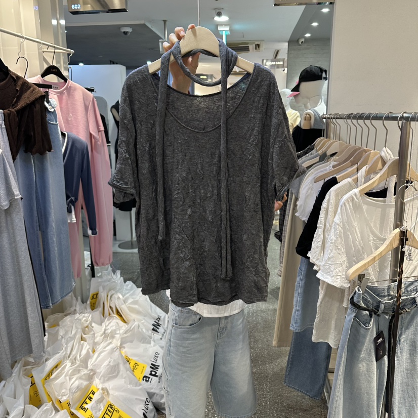 LIL韓國東大門直郵女士新品熱賣26夏季推薦職業T恤含圍巾LILT恤圖色3墨色
