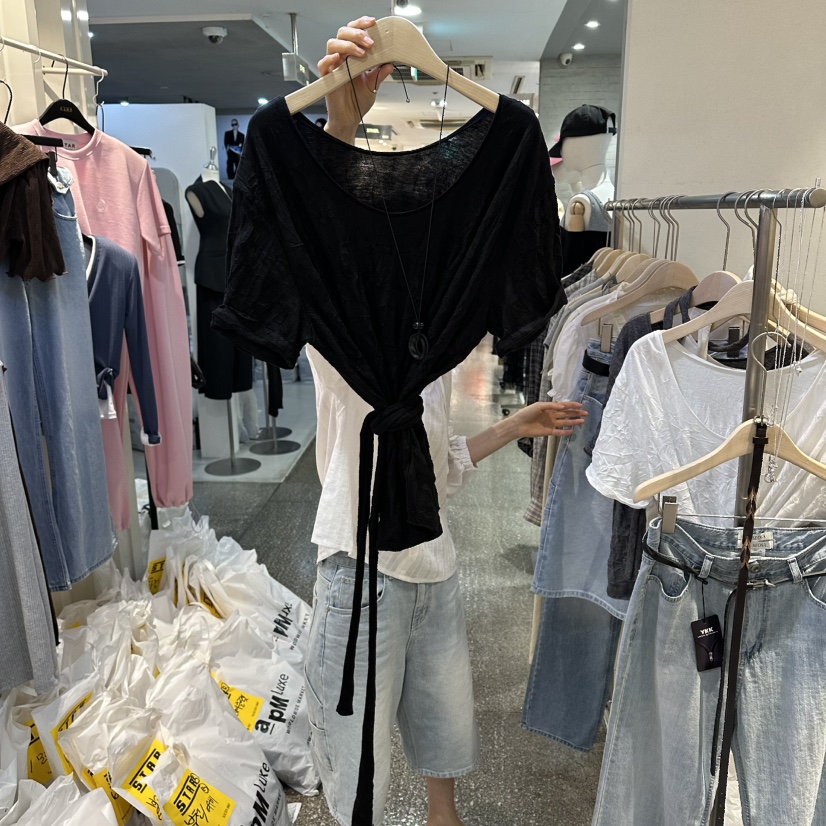 LIL韓國東大門直郵女士新品熱賣26夏季推薦職業T恤含圍巾LILT恤圖色4黑色