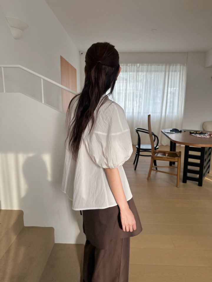 MARE韓國東大門代購女士新品26夏季襯衫蕾絲衫泡泡袖褶皺MARE襯衫/蕾絲衫