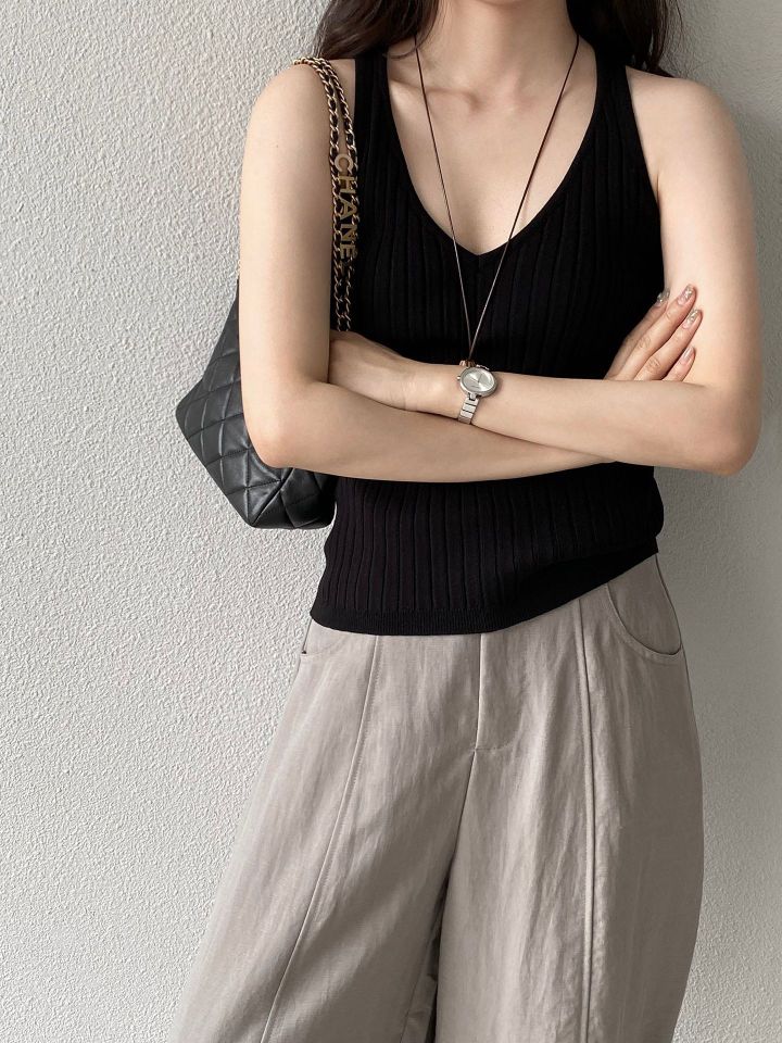 STAY HERE韓國東大門代購女士新品休閑吊帶背心無袖針織衫羅紋STAY HERE吊帶/背心