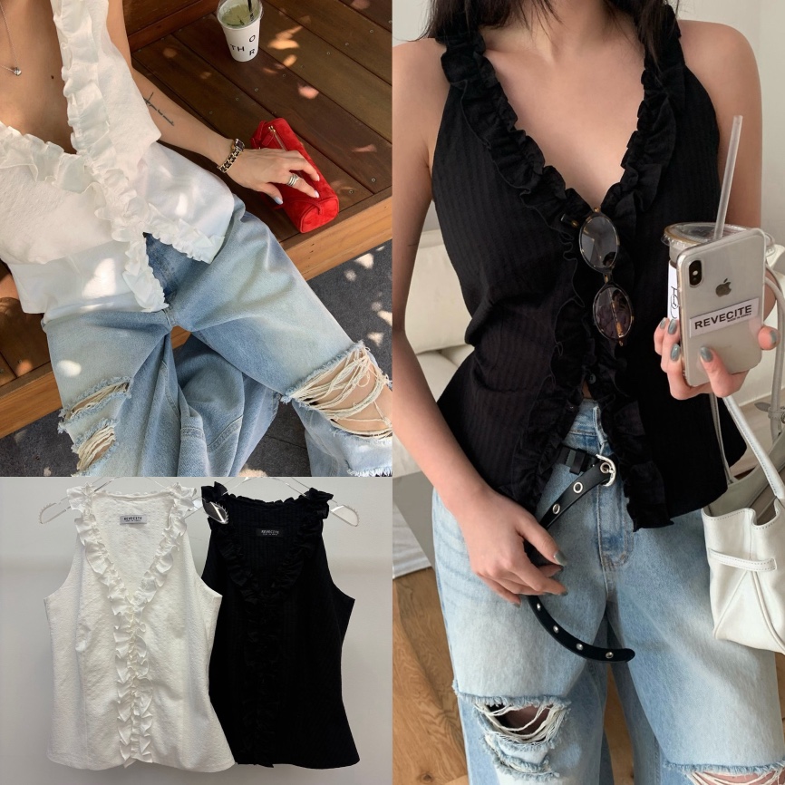 REVE CITE-L韓國東大門代購女士新品26夏季吊帶背心荷葉邊REVE CITE-L吊帶/背心