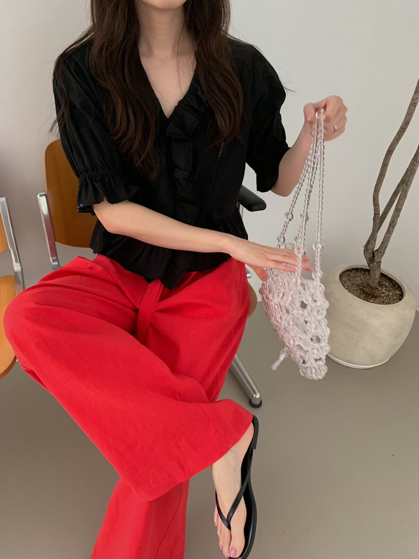 CAMEL-P東大門實拍韓國女士新品休閑襯衫蕾絲衫荷葉邊V領Came_l 家襯衫/蕾絲衫