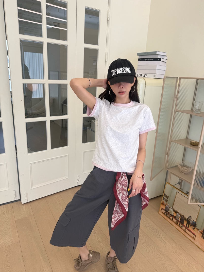 LUMIPLE韓國直郵女裝新品休閑人氣26夏季26春夏時尚T恤撞色LUMIPLET恤