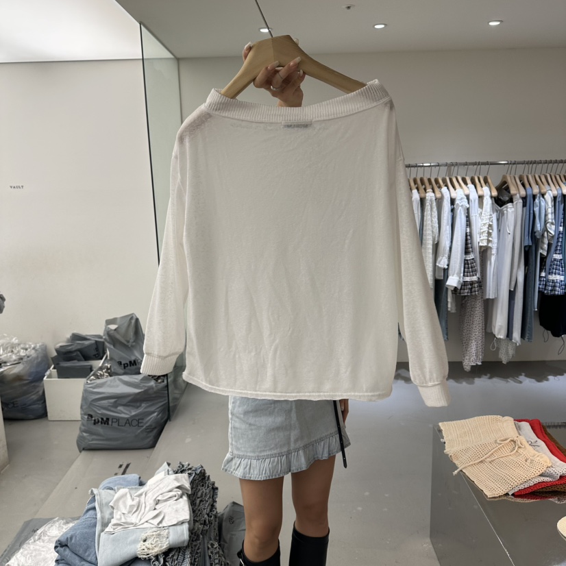 VAULT韓國直郵女士新款熱賣休閑人氣推薦長袖T恤刺繡亞麻VAULT長袖T恤
