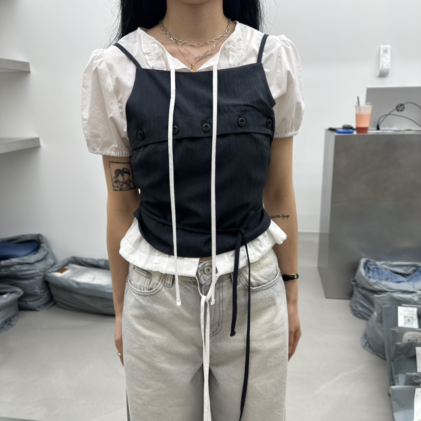 ENHANCE韓國直郵實拍女裝新品休閑熱賣吊帶背心不含內搭紐扣ENHANCE/HOPESMORE吊帶/背心圖色2