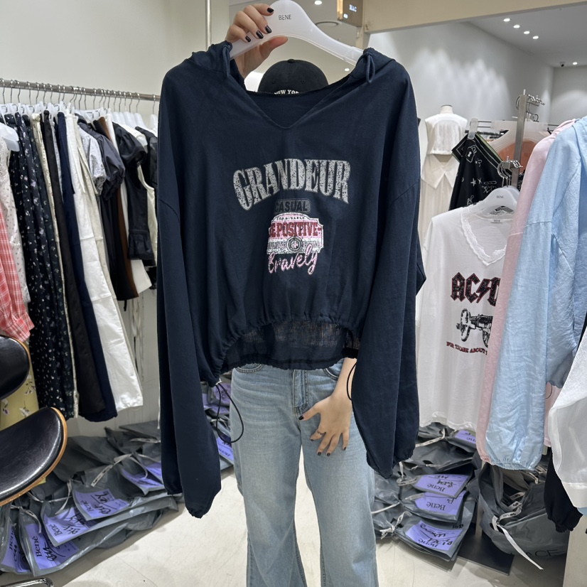 BENE韓國東大門代購女士新品26夏季休閑職業衛衣連帽衫亞麻BENE衛衣圖色3深藍色