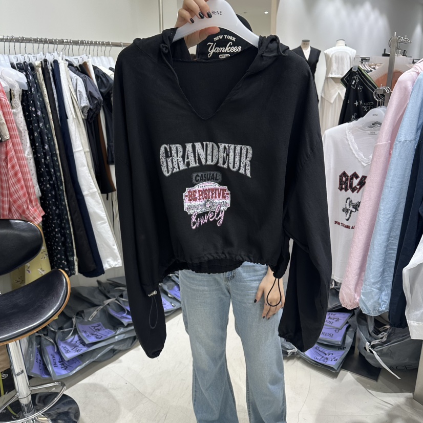 BENE韓國東大門代購女士新品26夏季休閑職業衛衣連帽衫亞麻BENE衛衣圖色5黑色
