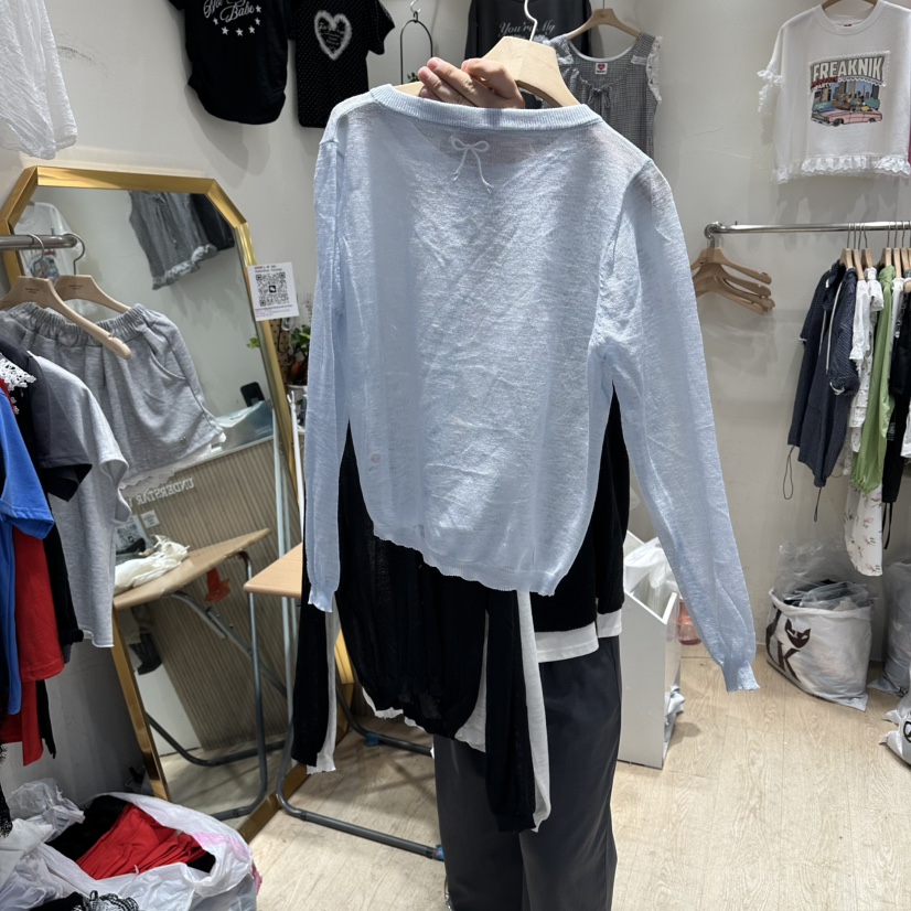UNDERSTAR_VINTAGE東大門實拍韓國女裝新品休閑針織衫不含內搭透視開衫緞UNDERSTAR_VINTAGE針織衫