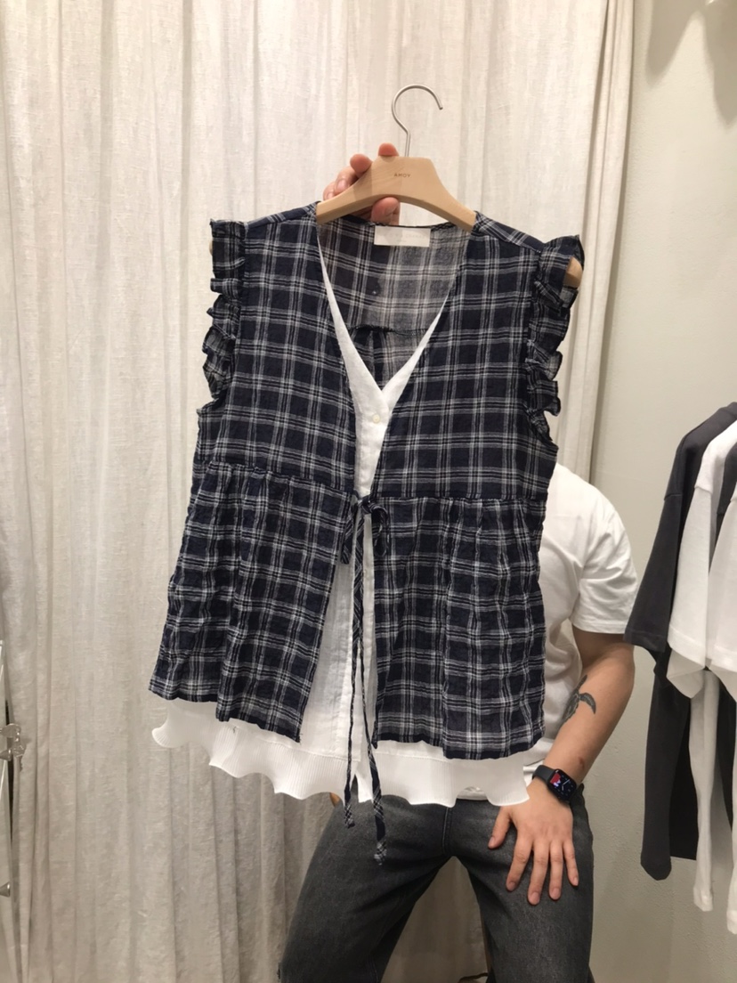 AHOY韓國直郵女士新款26夏季人氣吊帶背心假兩件荷葉邊格紋AHOY吊帶/背心圖色2