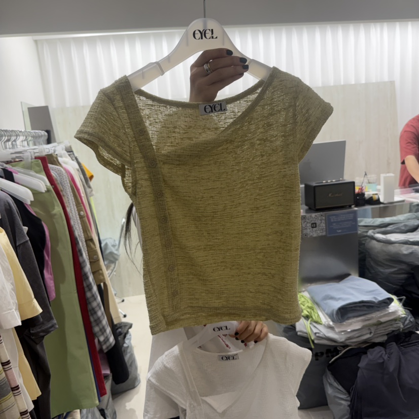 EYEL韓國直郵實拍女裝新款人氣熱賣休閑職業時尚T恤亞麻紐扣EYELT恤圖色2
