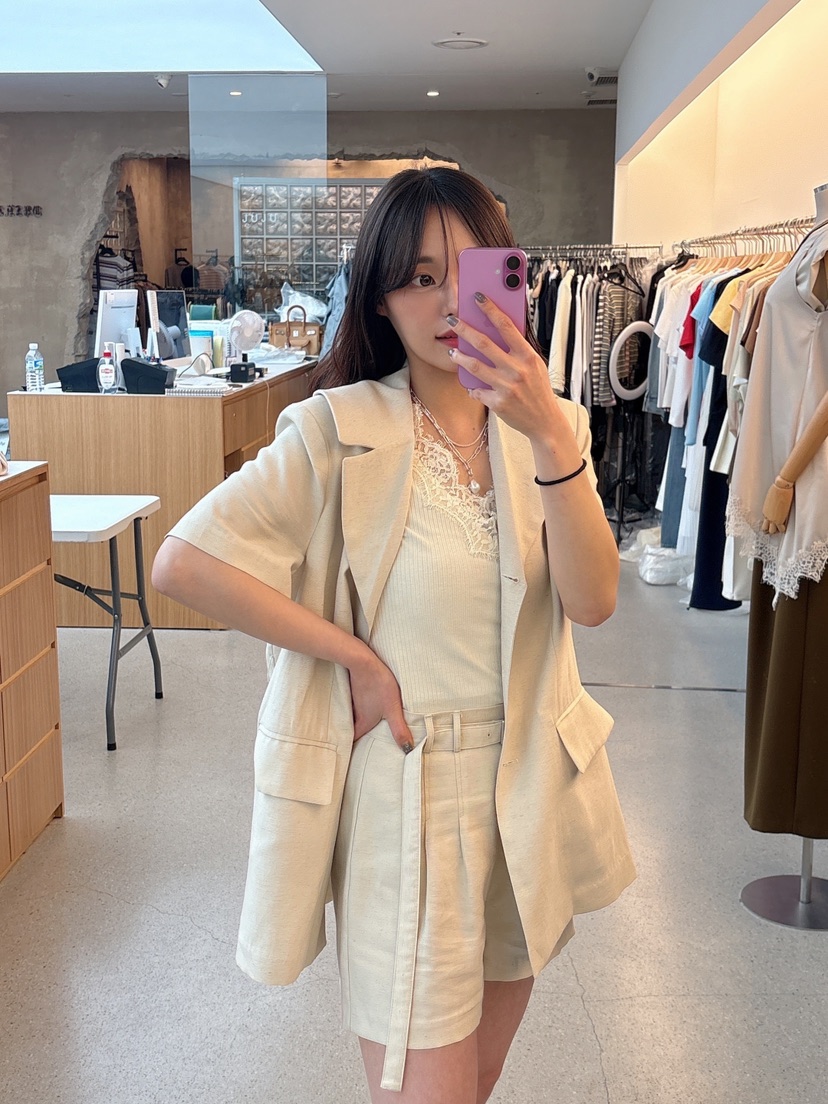 JUJU東大門實拍韓國女裝新品休閑職業人氣夾克含腰帶亞麻JUJU夾克