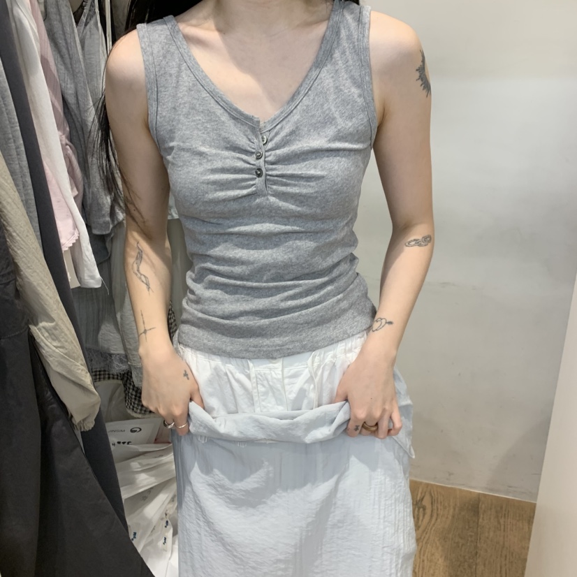 JINSIM韓國代購女士新品熱賣休閑26春夏吊帶背心褶皺紐扣JINSIM吊帶/背心圖色3