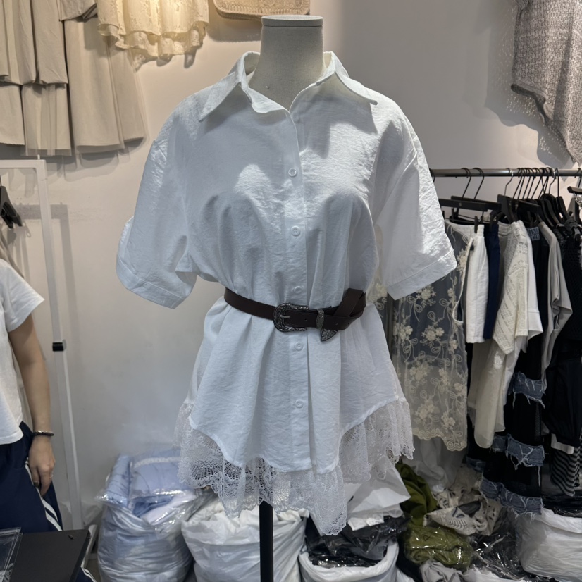 空韓國東大門直郵女裝新品人氣26夏季26春夏襯衫蕾絲衫含腰帶BAKHA襯衫/蕾絲衫圖色1