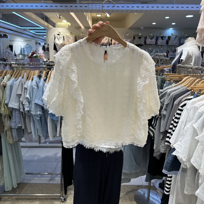 BELITA韓國直郵實拍女士新品時尚人氣26春夏襯衫蕾絲衫荷葉邊BELITA襯衫/蕾絲衫圖色3奶油色