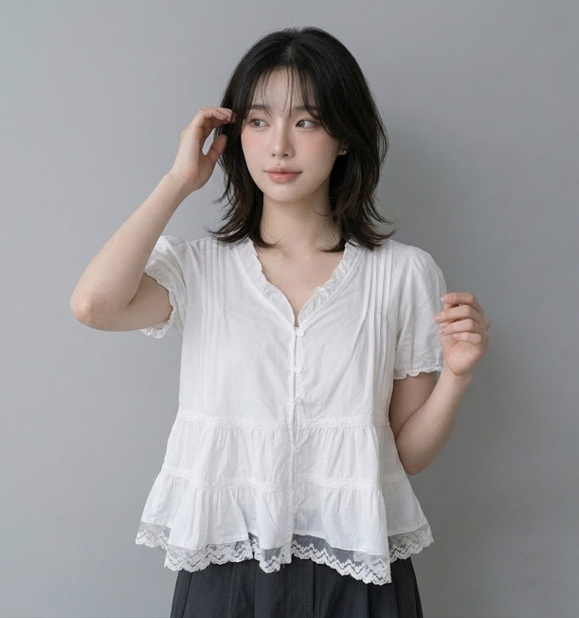FABRIC韓國代購女士新款26春夏26夏季時尚襯衫蕾絲衫可愛的FABRIC襯衫/蕾絲衫