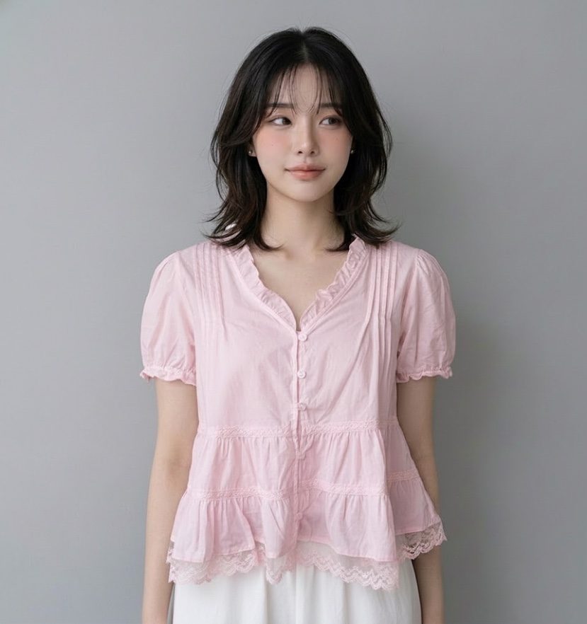 FABRIC韓國代購女士新款26春夏26夏季時尚襯衫蕾絲衫可愛的FABRIC襯衫/蕾絲衫
