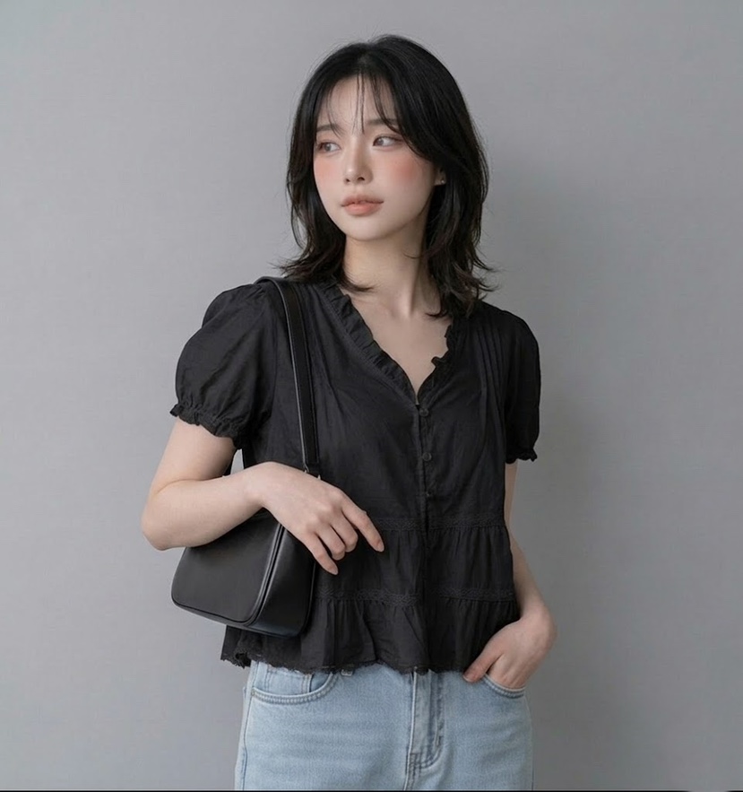 FABRIC韓國代購女士新款26春夏26夏季時尚襯衫蕾絲衫可愛的FABRIC襯衫/蕾絲衫