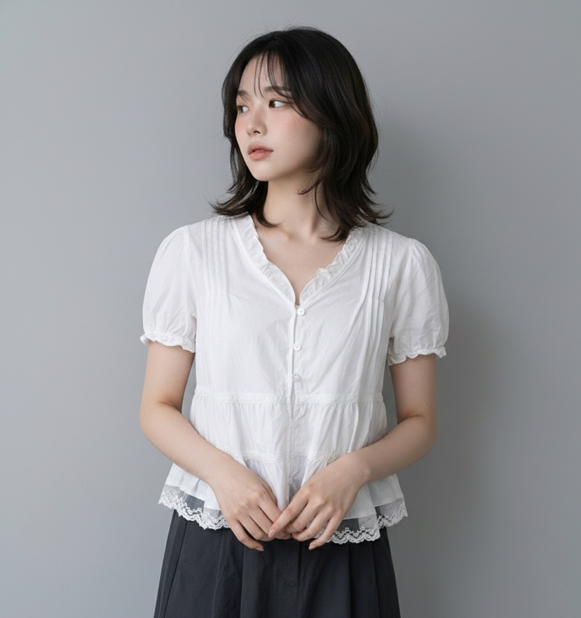 FABRIC韓國代購女士新款26春夏26夏季時尚襯衫蕾絲衫可愛的FABRIC襯衫/蕾絲衫
