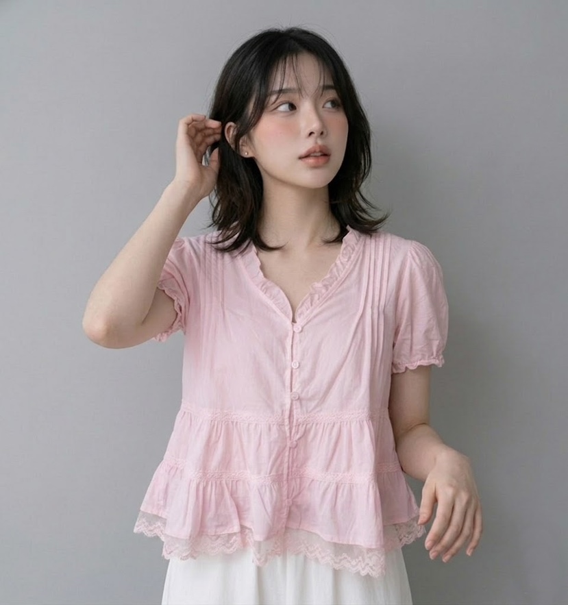 FABRIC韓國代購女士新款26春夏26夏季時尚襯衫蕾絲衫可愛的FABRIC襯衫/蕾絲衫