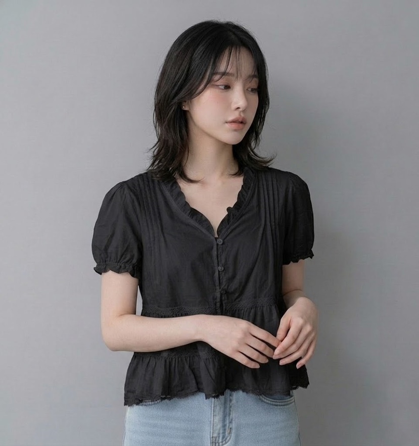 FABRIC韓國代購女士新款26春夏26夏季時尚襯衫蕾絲衫可愛的FABRIC襯衫/蕾絲衫