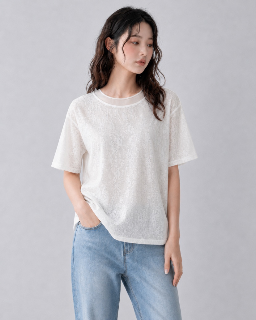 FABRIC韓國代購女士新品職業推薦休閑26夏季時尚T恤雪紡蕾絲FABRICT恤