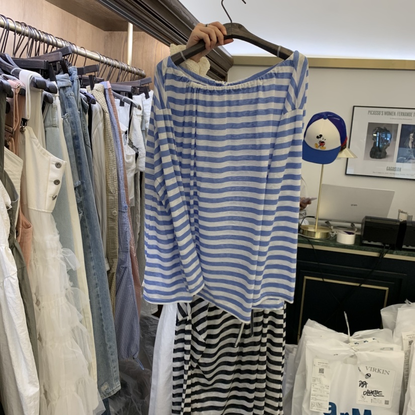 VIRKIN韓國直郵女裝新品休閑26春夏職業26夏季長袖T恤條紋VIRKIN長袖T恤