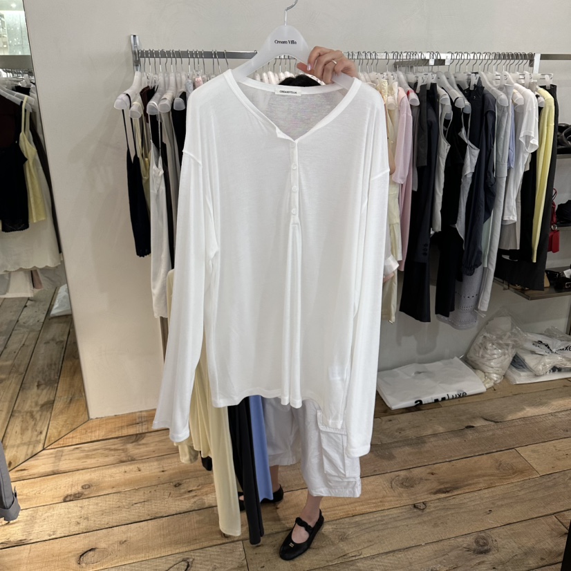 CREAM VILLA韓國直郵女裝新品熱賣長袖T恤紐扣CREAMVILLA長袖T恤圖色1