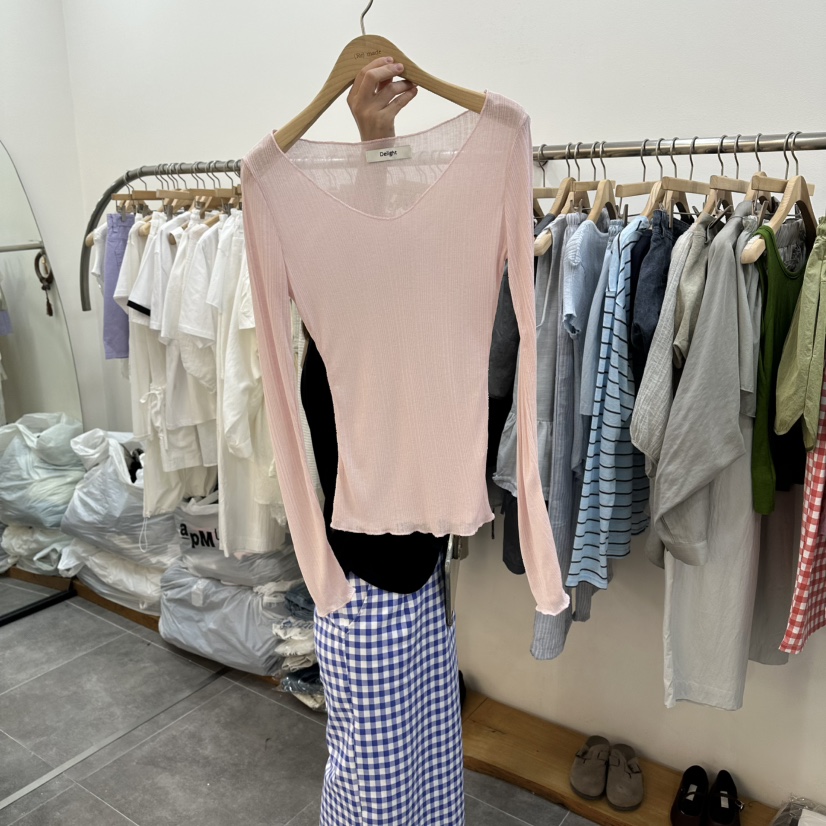DELIGHT-L韓國東大門代購女士新款26夏季長袖T恤不含內搭V領深VDELIGHT-L長袖T恤圖色3