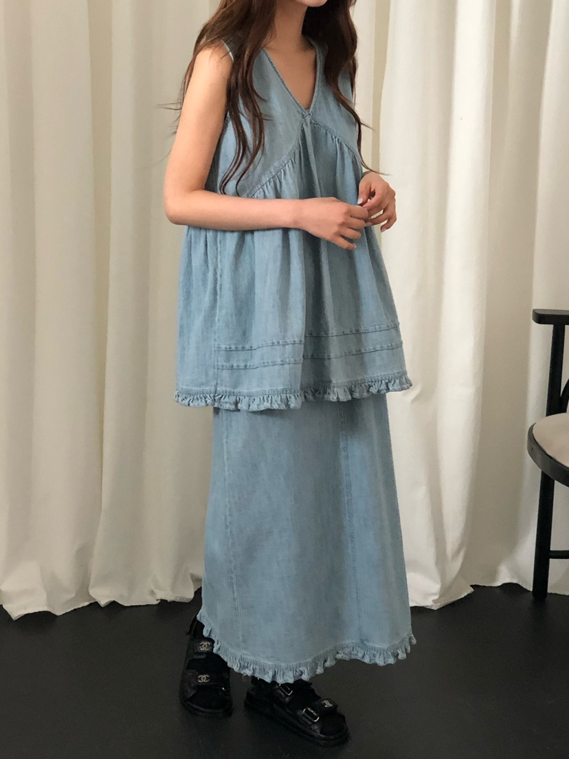 ONDO-P韓國東大門代購女裝新品休閑推薦職業26春夏長裙荷葉邊ONDO-P長裙