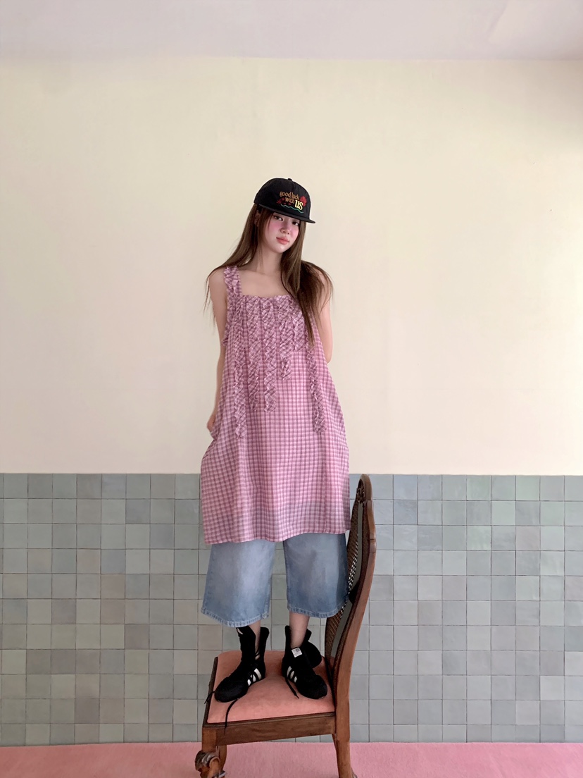 MAISONDEGLORY韓國直郵女士新款人氣26夏季連衣裙荷葉邊格子MAISON DE GLORY連衣裙