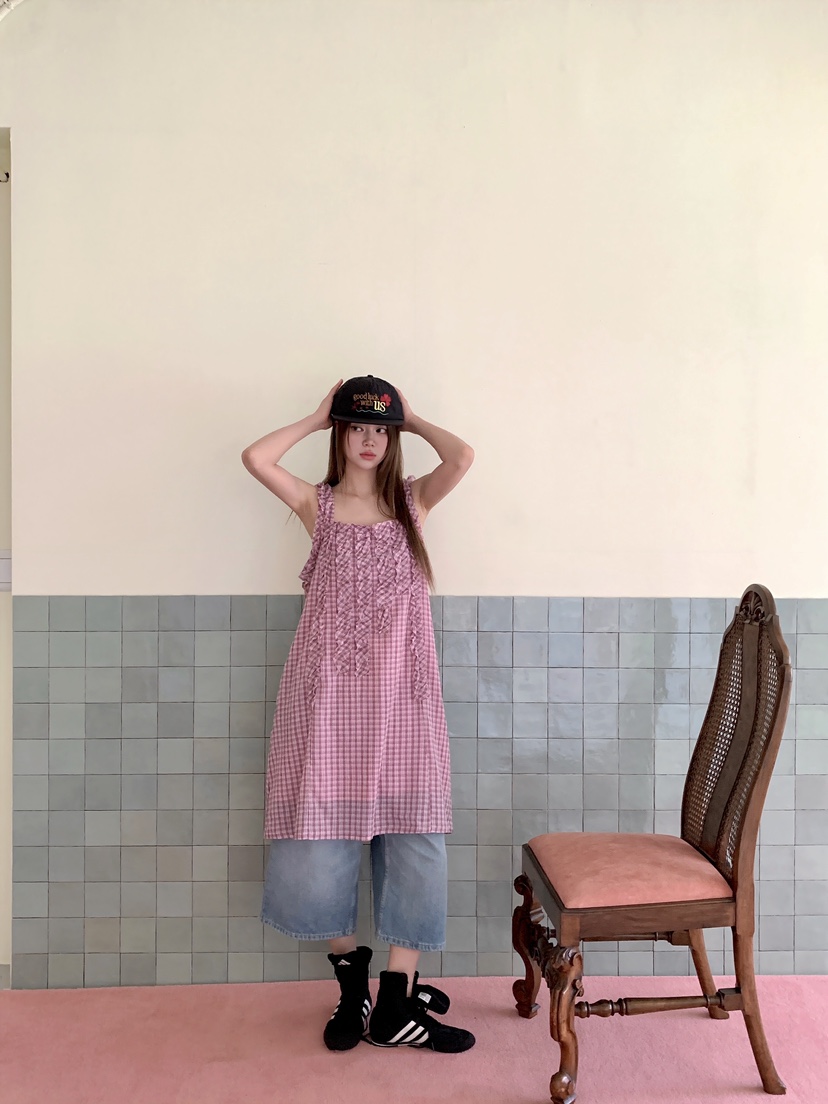 MAISONDEGLORY韓國直郵女士新款人氣26夏季連衣裙荷葉邊格子MAISON DE GLORY連衣裙
