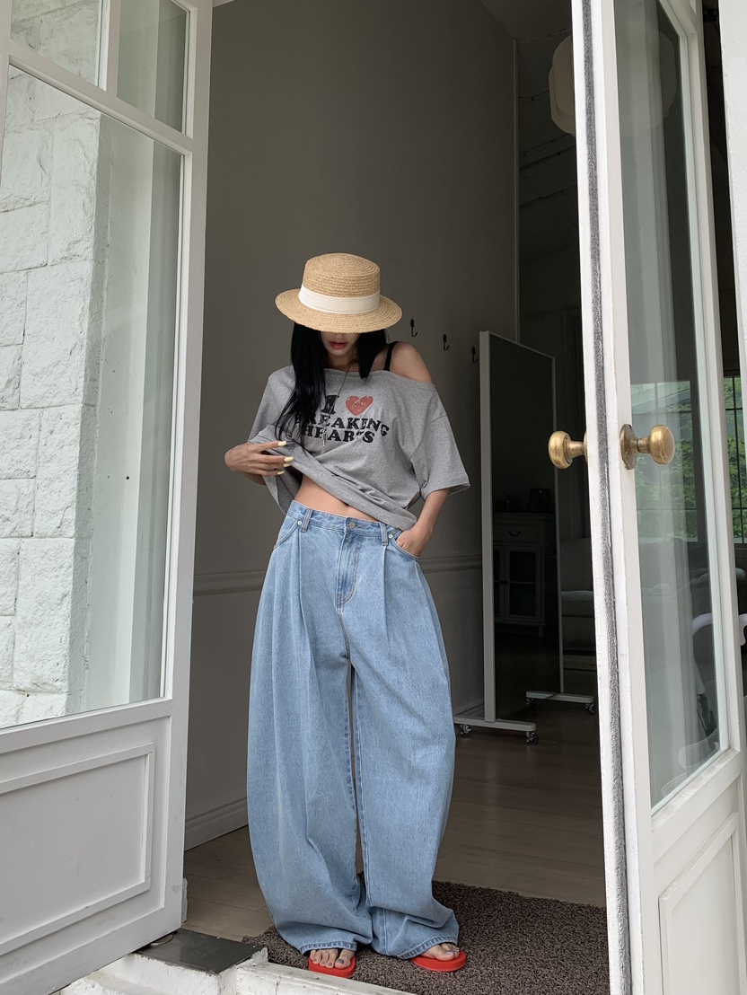 BADCALM韓國代購女裝新品時尚熱賣26夏季26春夏牛仔褲褶裥BADCALM牛仔褲