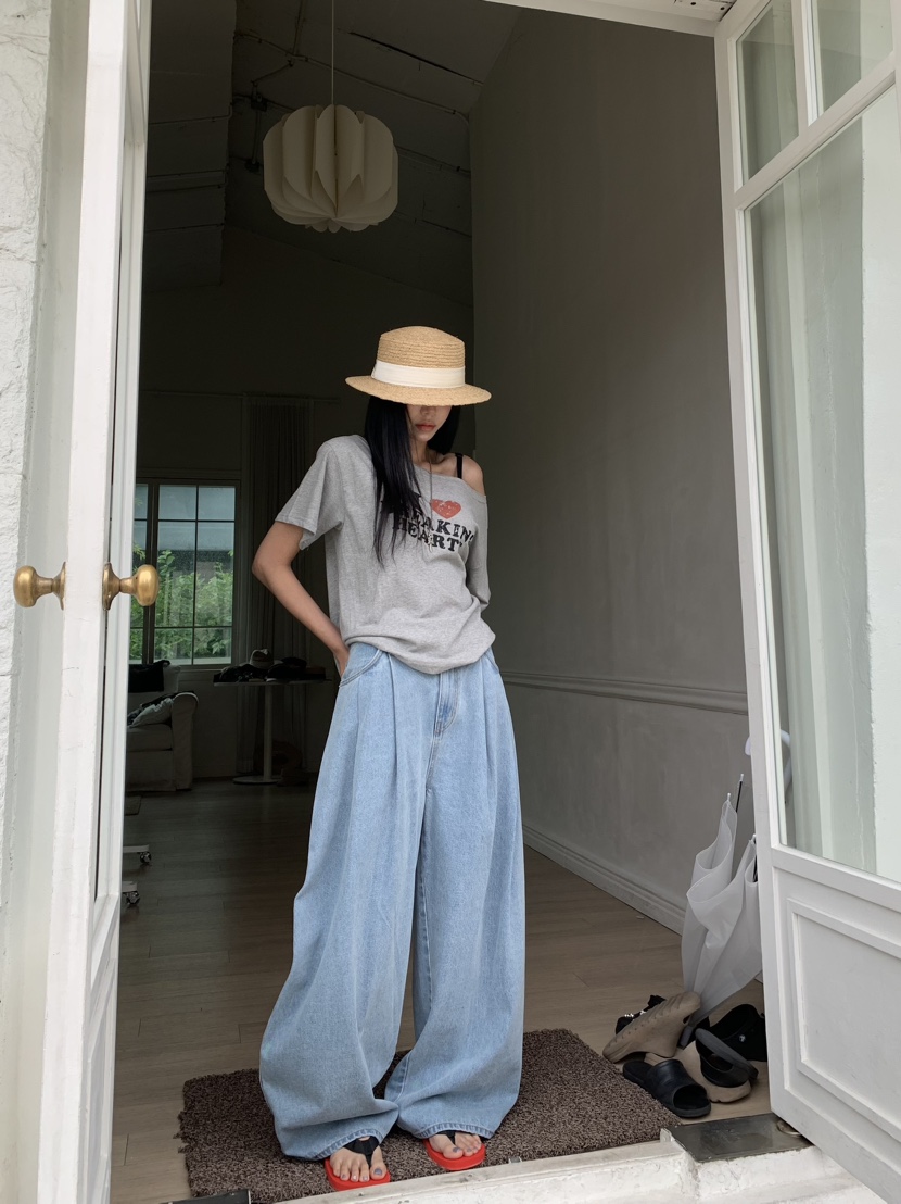 BADCALM韓國代購女裝新品時尚熱賣26夏季26春夏牛仔褲褶裥BADCALM牛仔褲