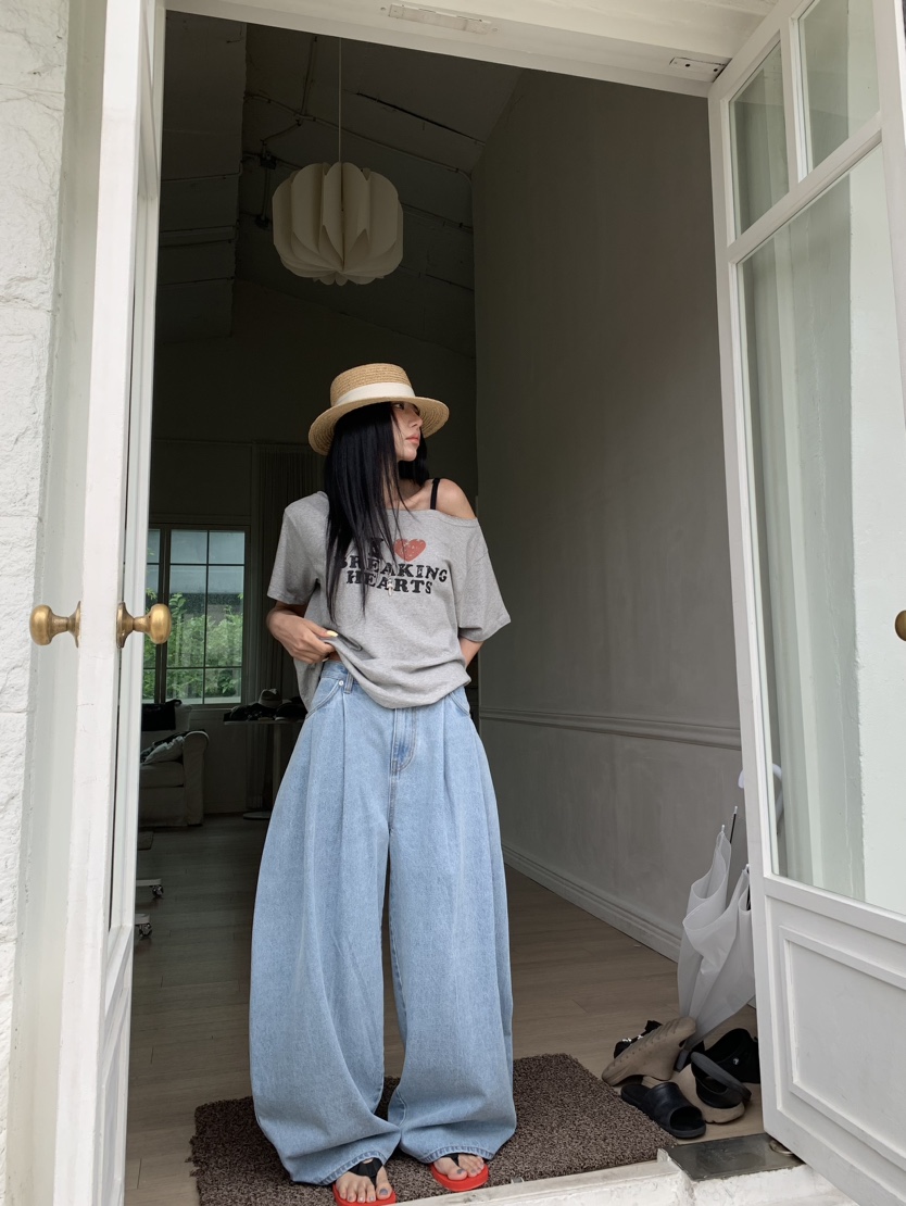 BADCALM韓國代購女裝新品時尚熱賣26夏季26春夏牛仔褲褶裥BADCALM牛仔褲