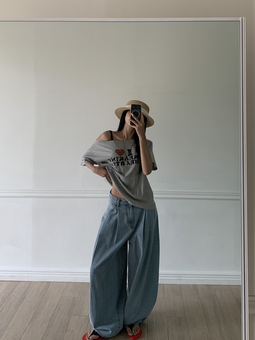 BADCALM韓國代購女裝新品時尚熱賣26夏季26春夏牛仔褲褶裥BADCALM牛仔褲