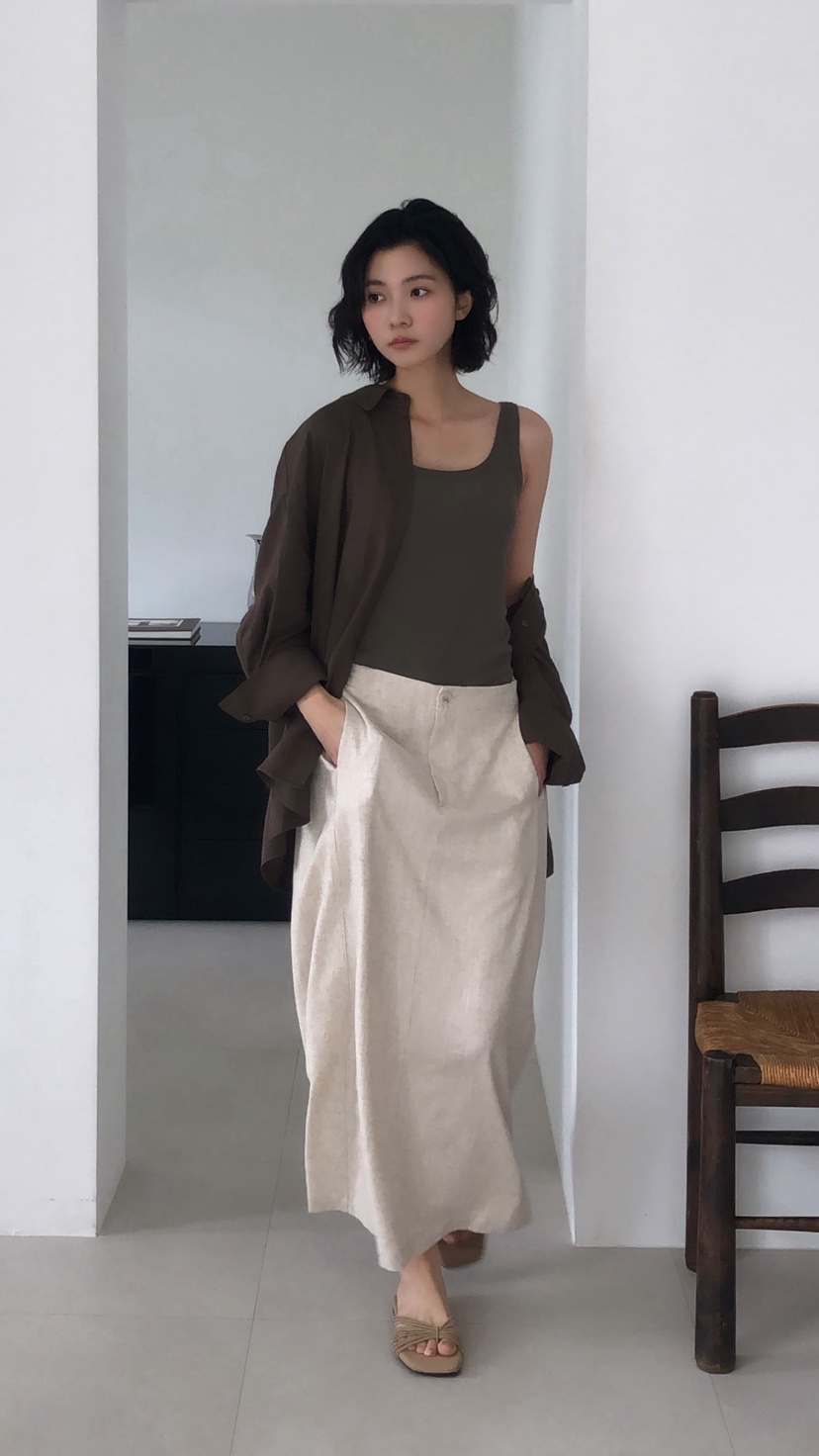 OVER RICH韓國東大門直郵女裝新品26春夏職業長裙亞麻布OVER RICH長裙