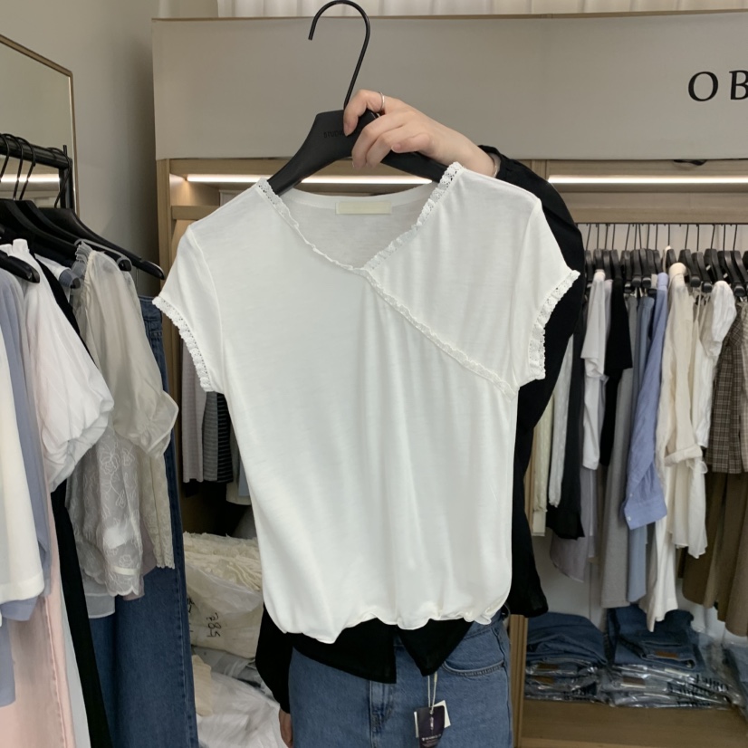 OBJET/LOVEUSU韓國東大門代購女士新款推薦休閑26春夏T恤蕾絲OBJET/LOVEUSUT恤圖色1