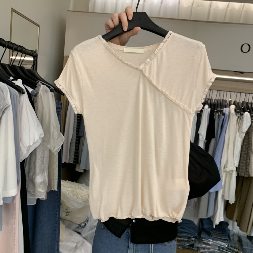 OBJET/LOVEUSU韓國東大門代購女士新款推薦休閑26春夏T恤蕾絲OBJET/LOVEUSUT恤圖色2