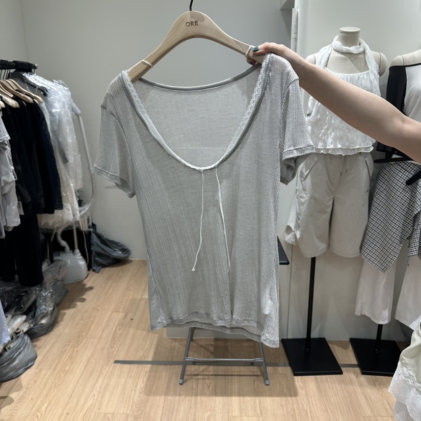 ORE-P韓國直郵女士新品人氣熱賣休閑推薦時尚T恤蕾絲寬松ORET恤圖色4灰色