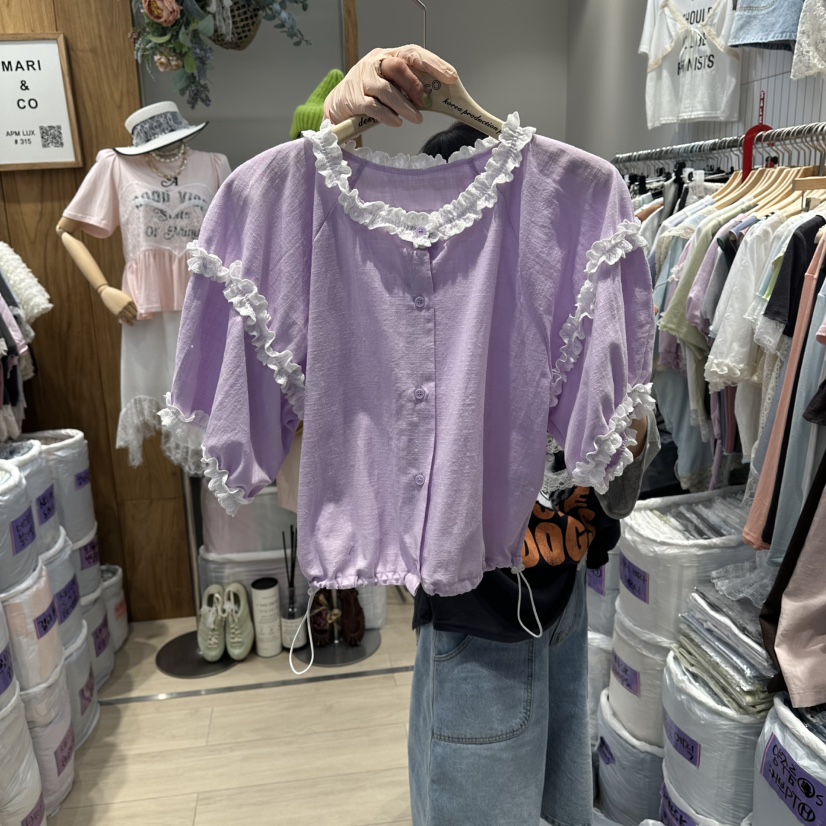 MARI CO韓國直郵女士新款推薦時尚襯衫蕾絲衫羊毛開襟鵝MARI CO襯衫/蕾絲衫圖色2
