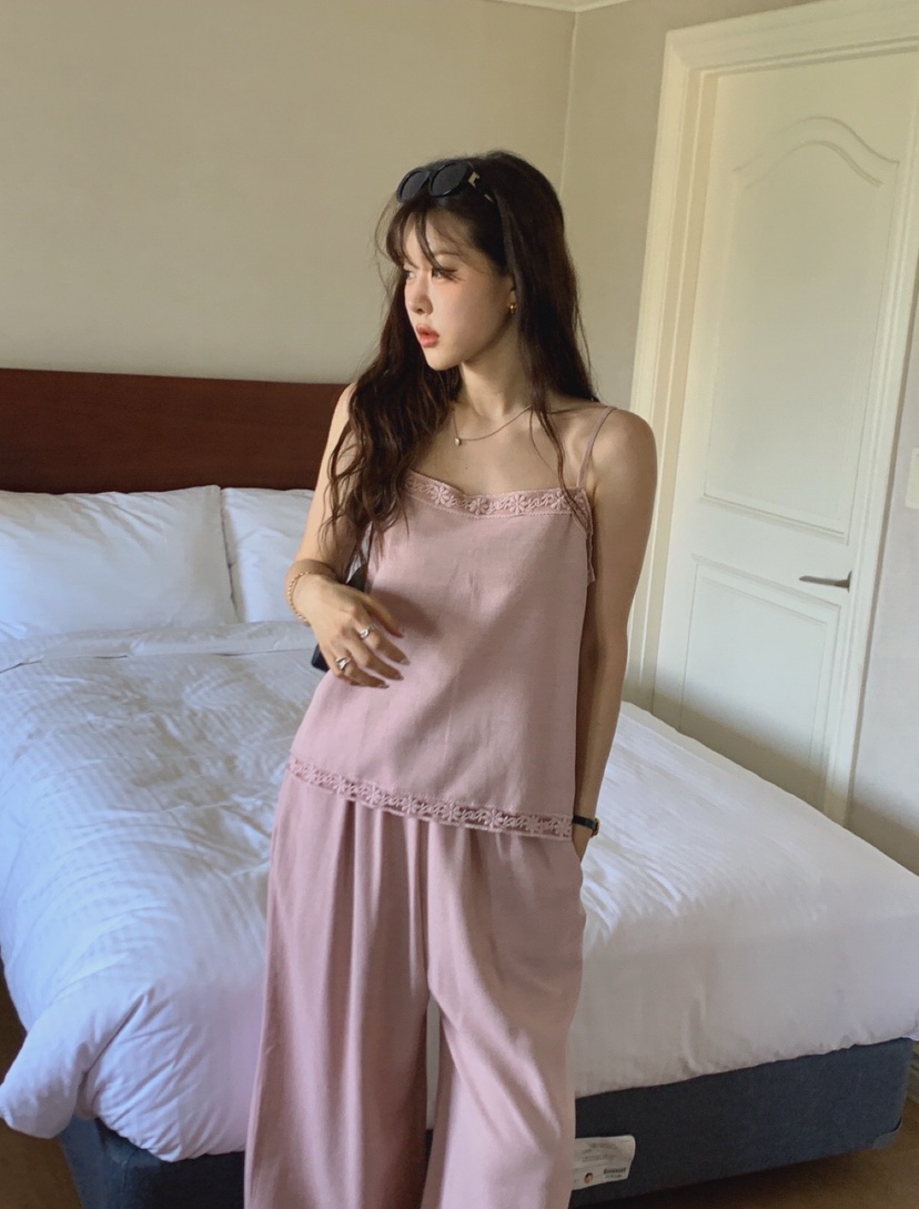 LA CREME韓國東大門代購女裝新款熱賣職業吊帶背心蕾絲亞麻LA CREME吊帶/背心