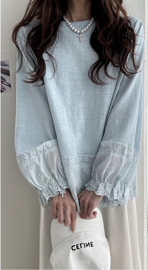 T STOR-티스토리-OT韓國直郵女裝新款熱賣長袖T恤蕾絲亞麻T STOR-2件起長袖T恤
