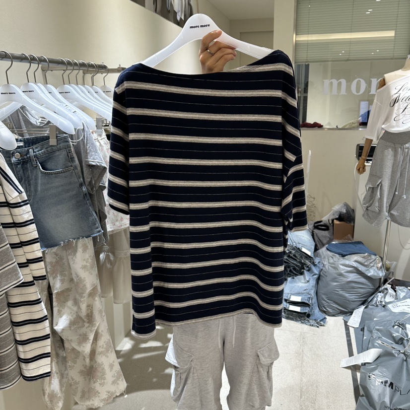 MOREMORE韓國直郵實拍女士新品人氣26夏季休閑T恤露肩條紋more moreT恤圖色3