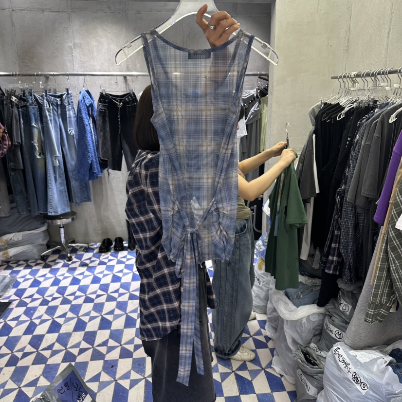 AMOUR韓國代購女裝新品休閑職業吊帶背心不含內搭格子無袖AMOUR吊帶/背心