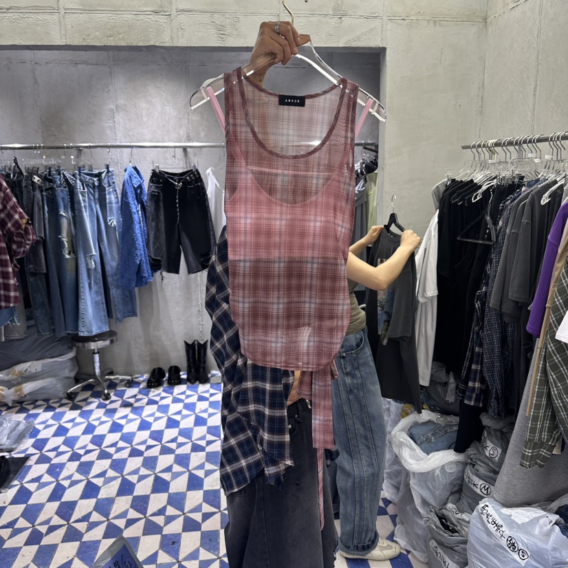 AMOUR韓國代購女裝新品休閑職業吊帶背心不含內搭格子無袖AMOUR吊帶/背心圖色1