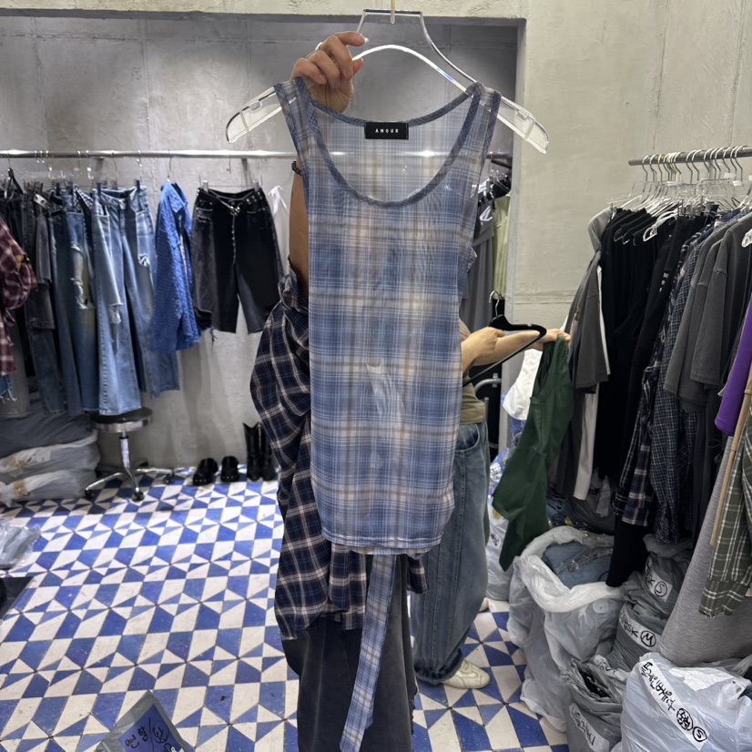 AMOUR韓國代購女裝新品休閑職業吊帶背心不含內搭格子無袖AMOUR吊帶/背心圖色2