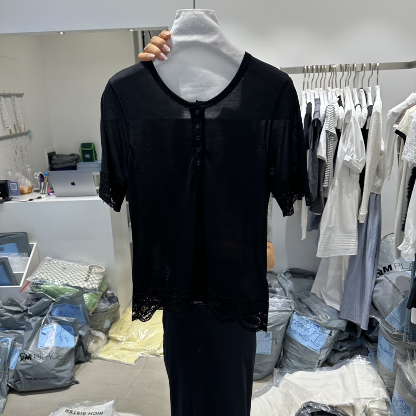 RICH SISTER韓國東大門代購女裝新款時尚職業T恤透視紐扣RICH SISTERT恤圖色2