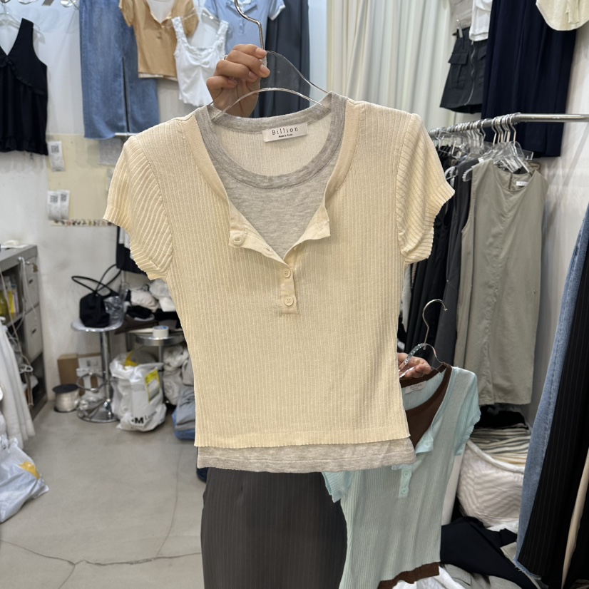BILLION-L韓國代購女裝新品熱賣26春夏職業T恤假兩件羅紋BILLION-LT恤圖色1