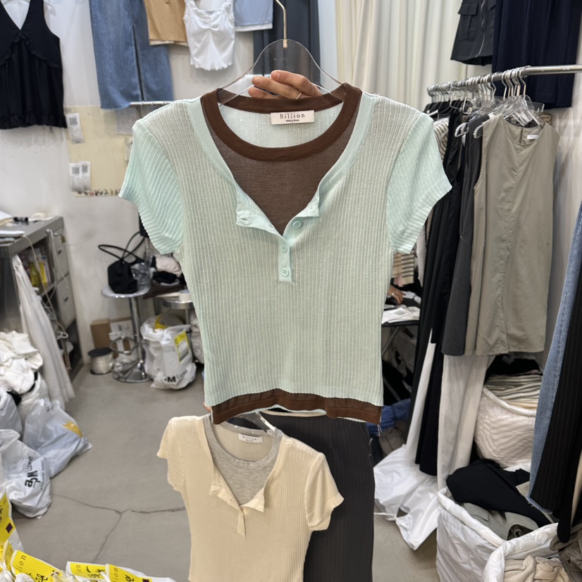 BILLION-L韓國代購女裝新品熱賣26春夏職業T恤假兩件羅紋BILLION-LT恤圖色2