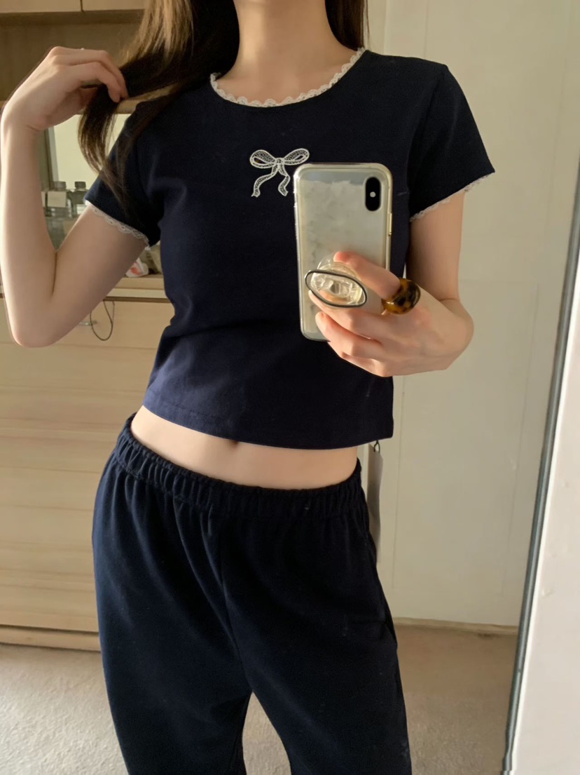 T STOR-티스토리-OT東大門實拍韓國女裝新品職業T恤刺繡絲帶T STOR-2件起T恤